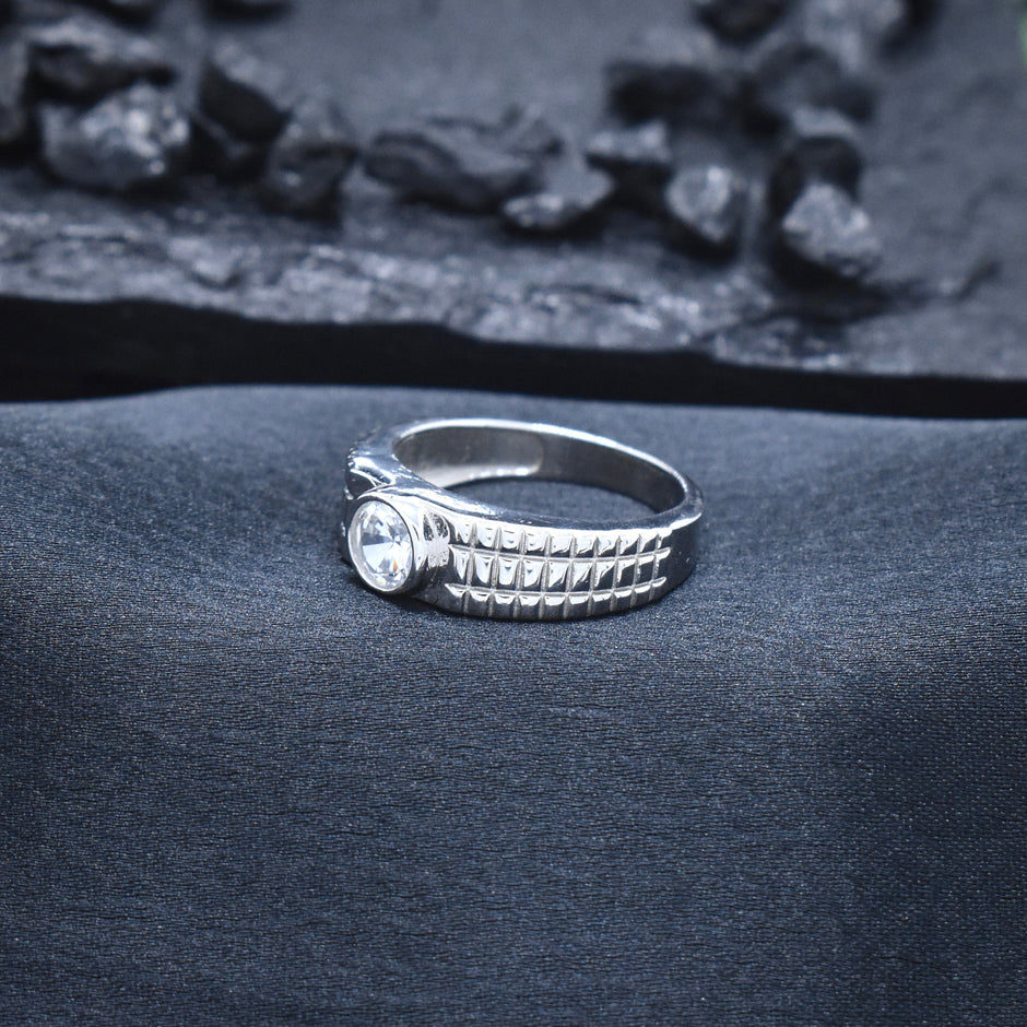 Solitaire Textured Band Silver Ring