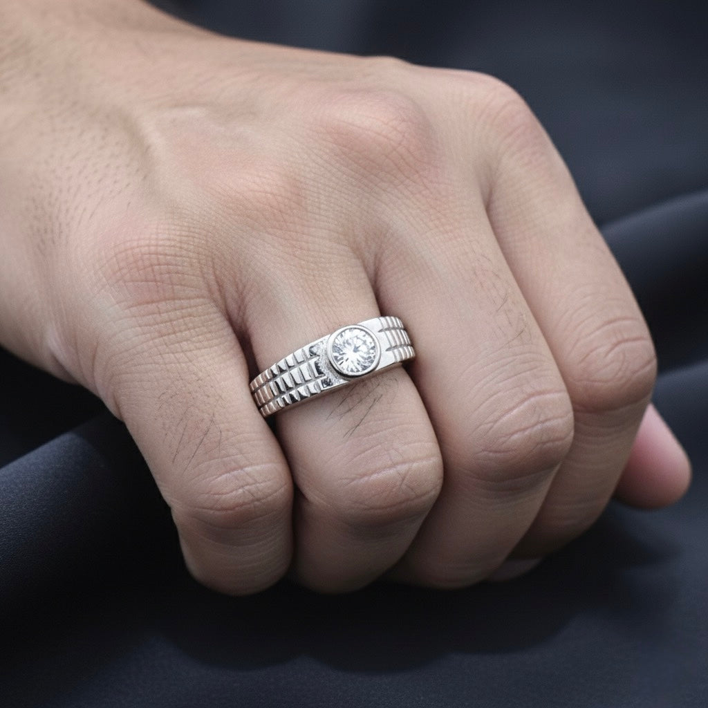 Solitaire Textured Band Silver Ring