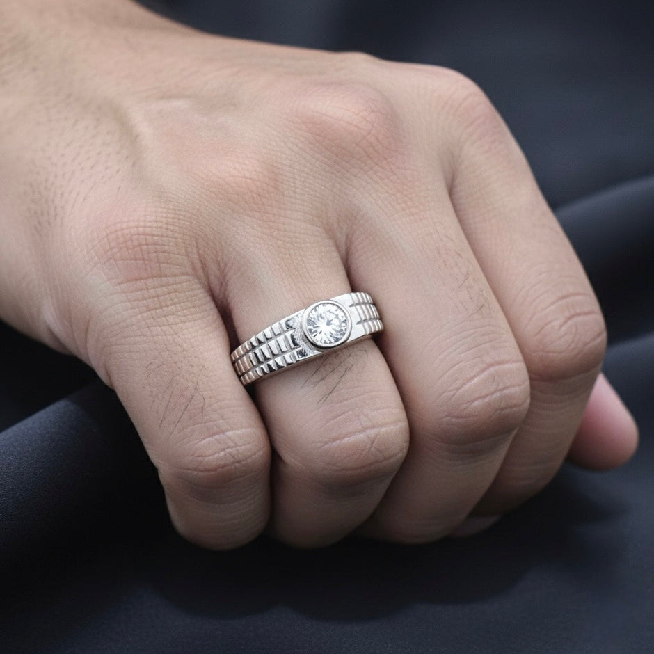 Solitaire Textured Band Silver Ring