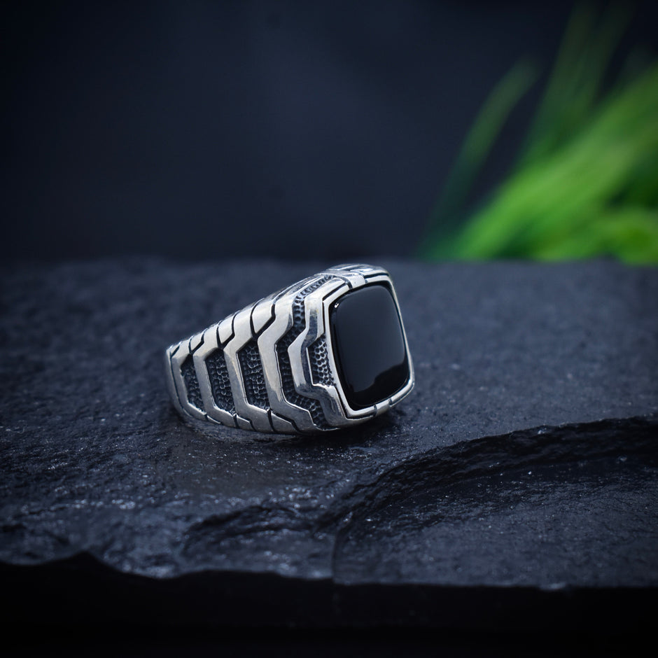 Antique Silver Chevron Block Ring