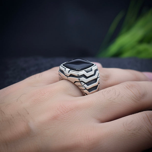 Antique Silver Chevron Block Ring