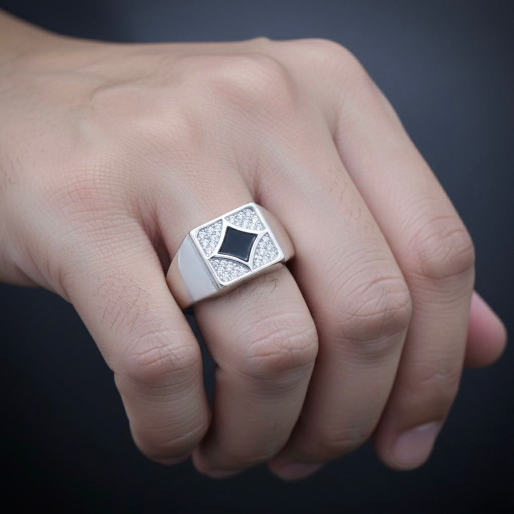 Silver Diamond-Edge Square Ring