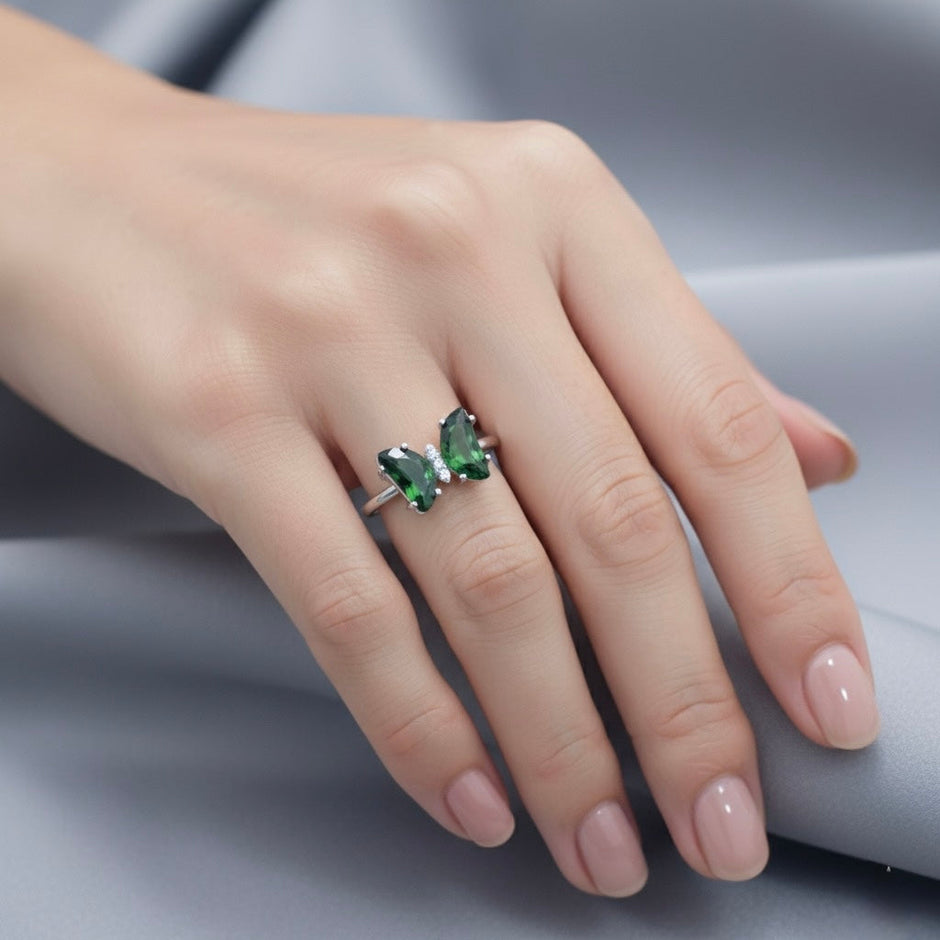 Silver Emerald Pair Ring