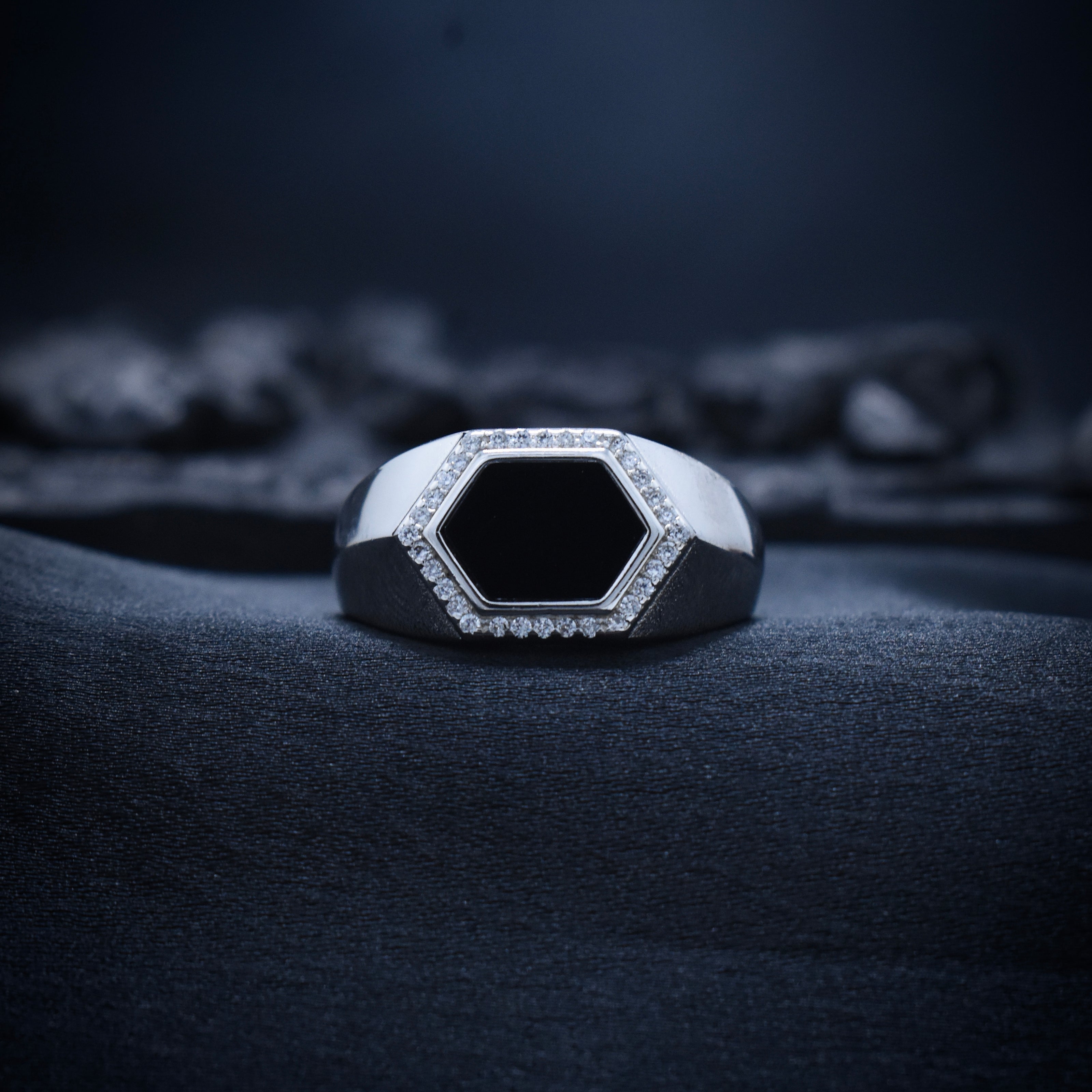 Hexagonal Onyx-Style Halo Signet Ring