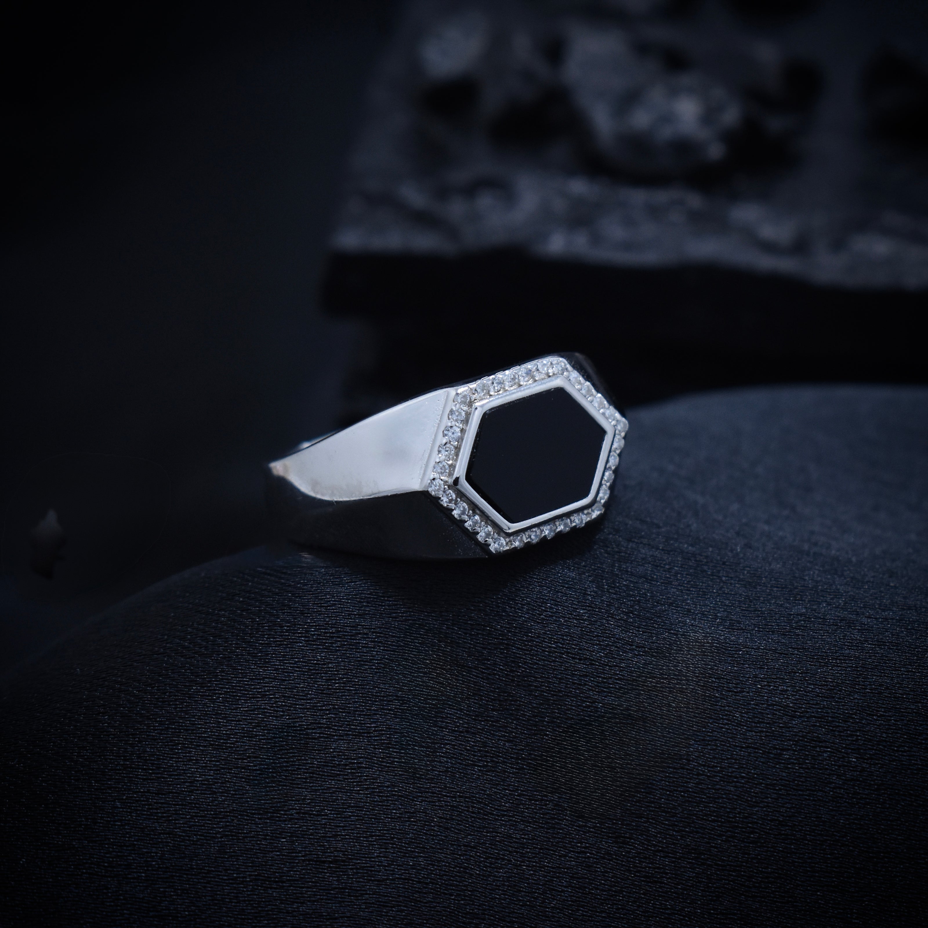 Hexagonal Onyx-Style Halo Signet Ring