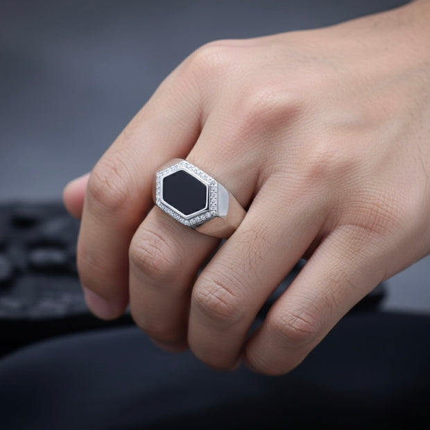 Hexagonal Onyx-Style Halo Signet Ring