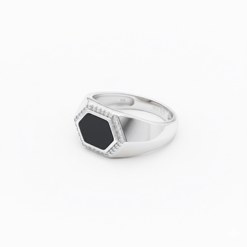 Hexagonal Onyx-Style Halo Signet Ring