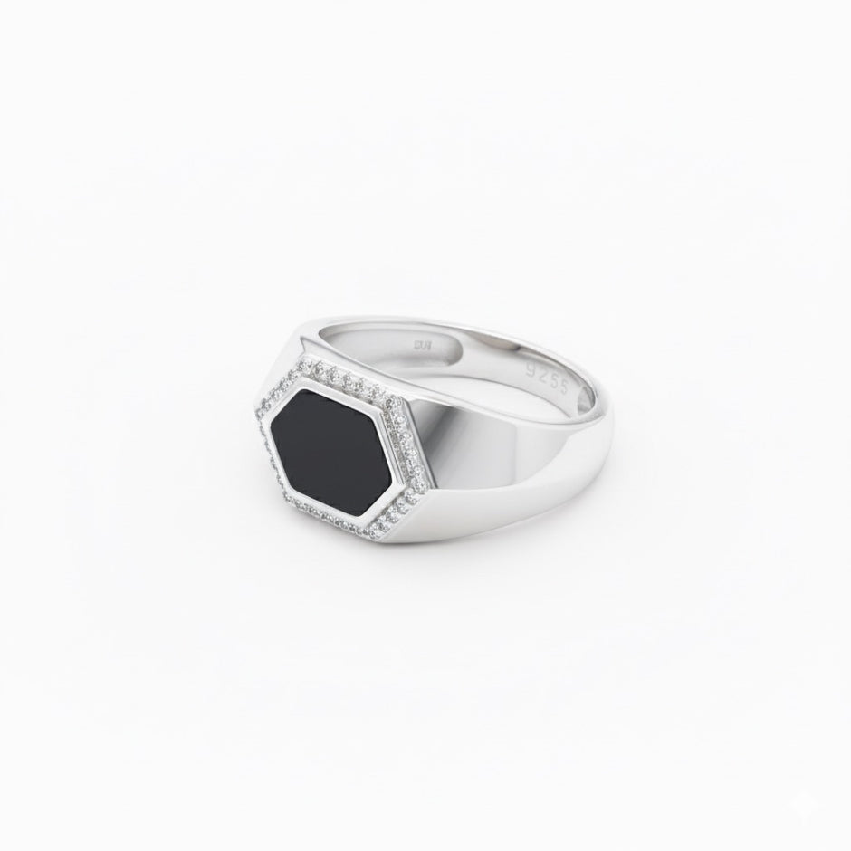 Hexagonal Onyx-Style Halo Signet Ring