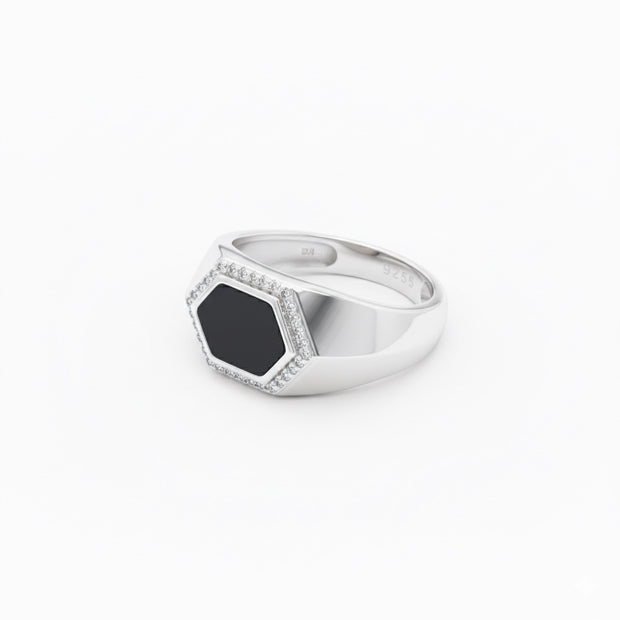 Hexagonal Onyx-Style Halo Signet Ring
