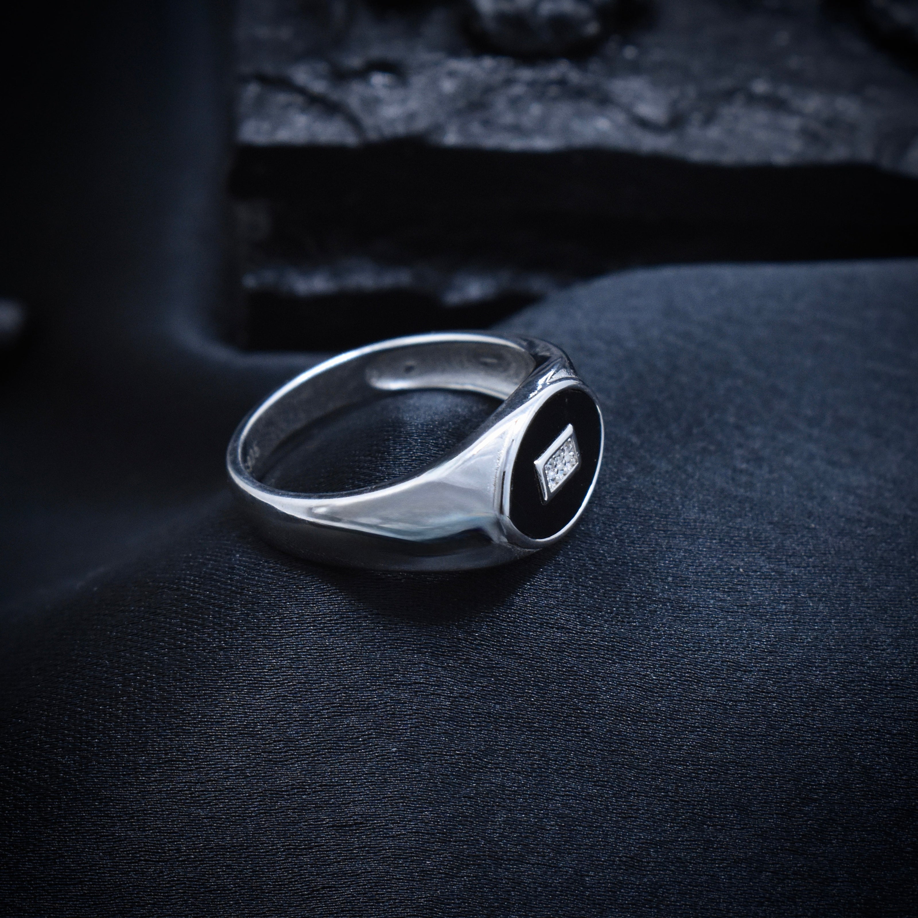 Black Enamel Square Accent Silver Ring