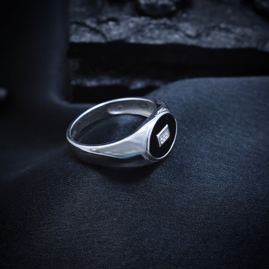 Black Enamel Square Accent Silver Ring