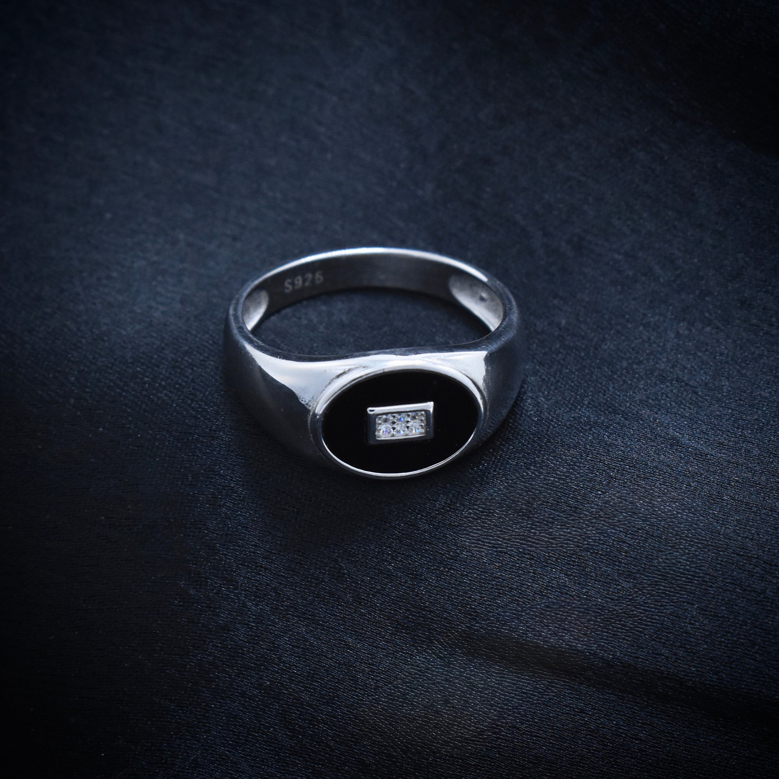Black Enamel Square Accent Silver Ring