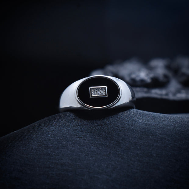 Black Enamel Square Accent Silver Ring