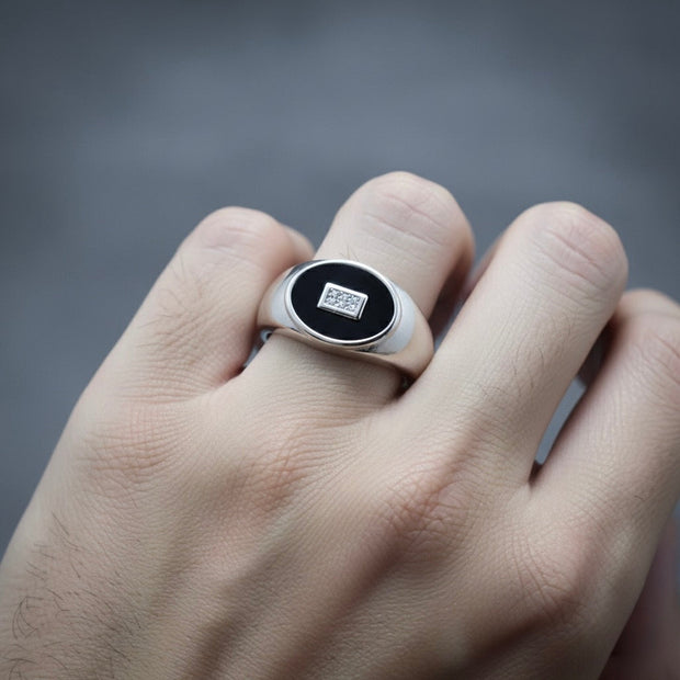 Black Enamel Square Accent Silver Ring