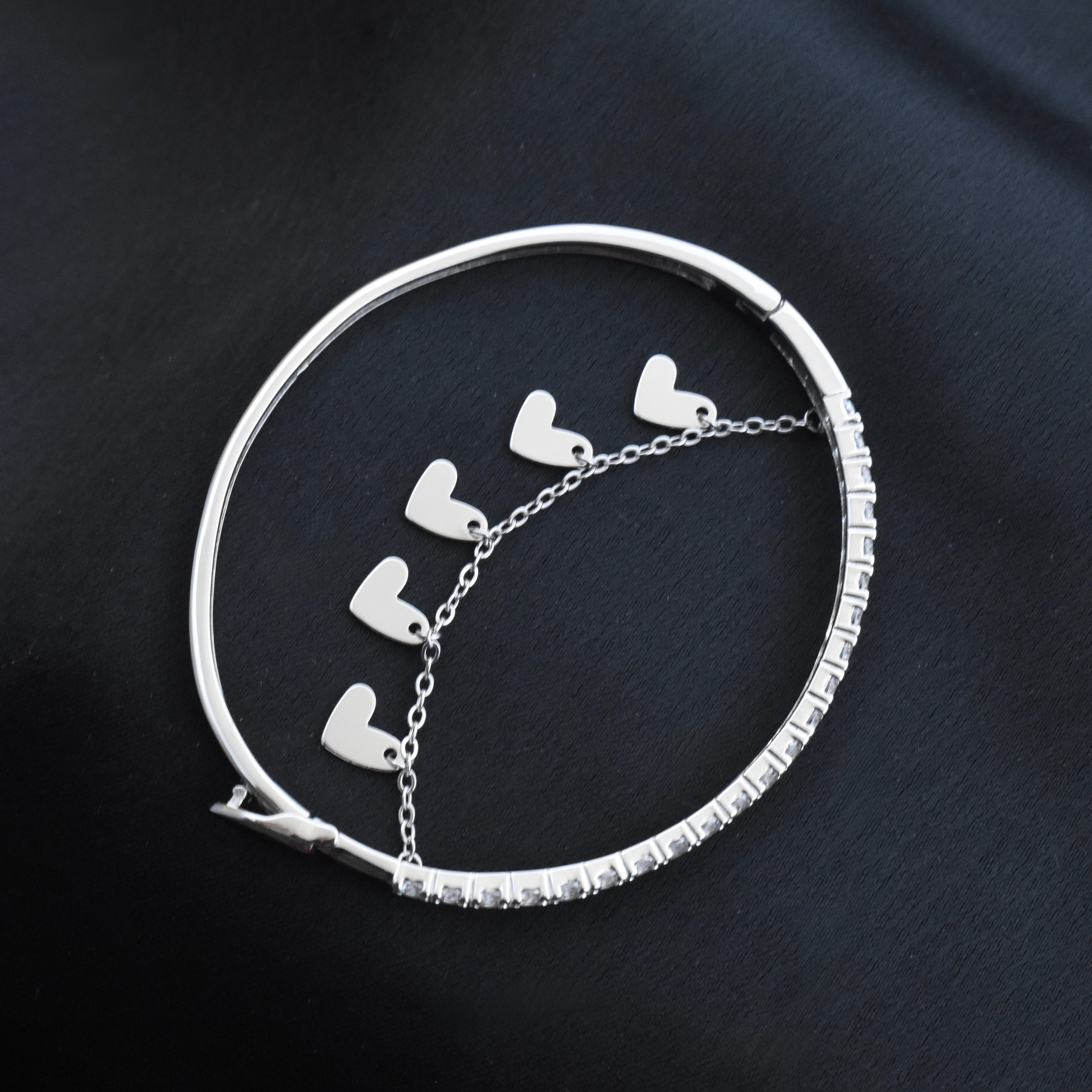Heart Charm Half-Tennis Sterling Silver Bracelet