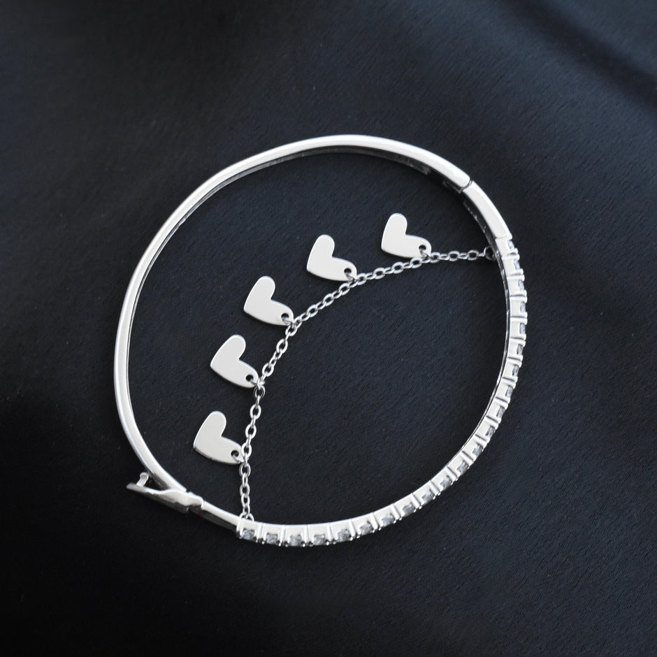 Heart Charm Half-Tennis Sterling Silver Bracelet
