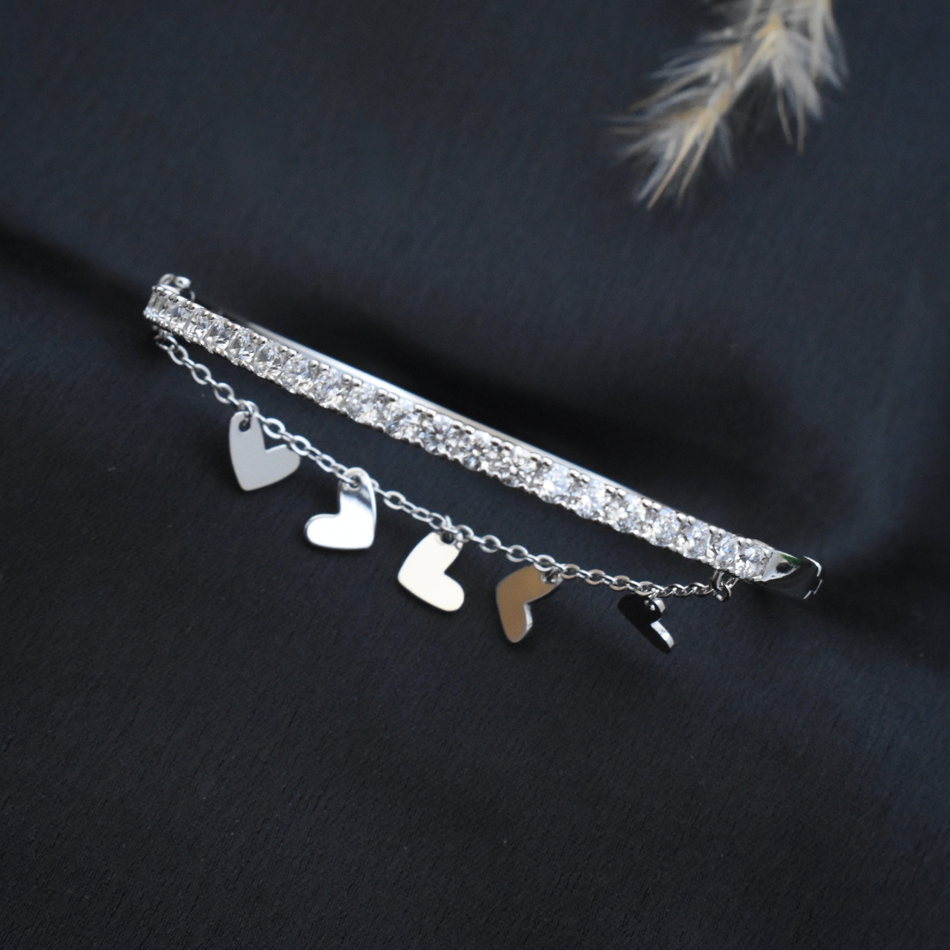 Heart Charm Half-Tennis Sterling Silver Bracelet