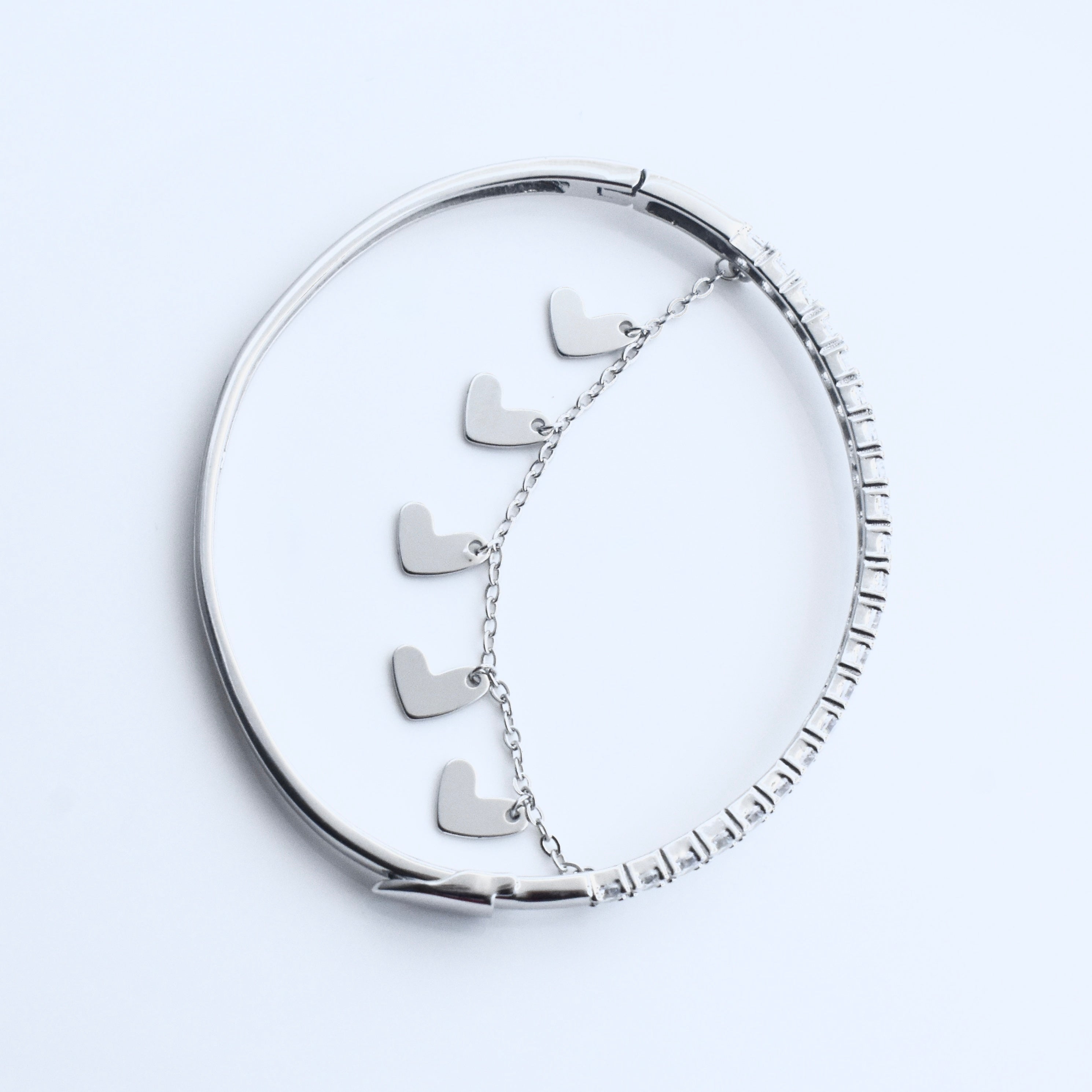 Heart Charm Half-Tennis Sterling Silver Bracelet