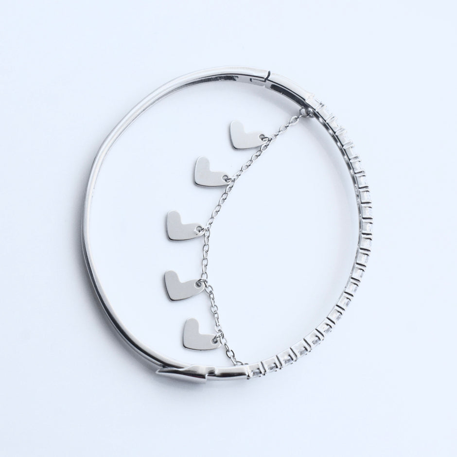 Heart Charm Half-Tennis Sterling Silver Bracelet