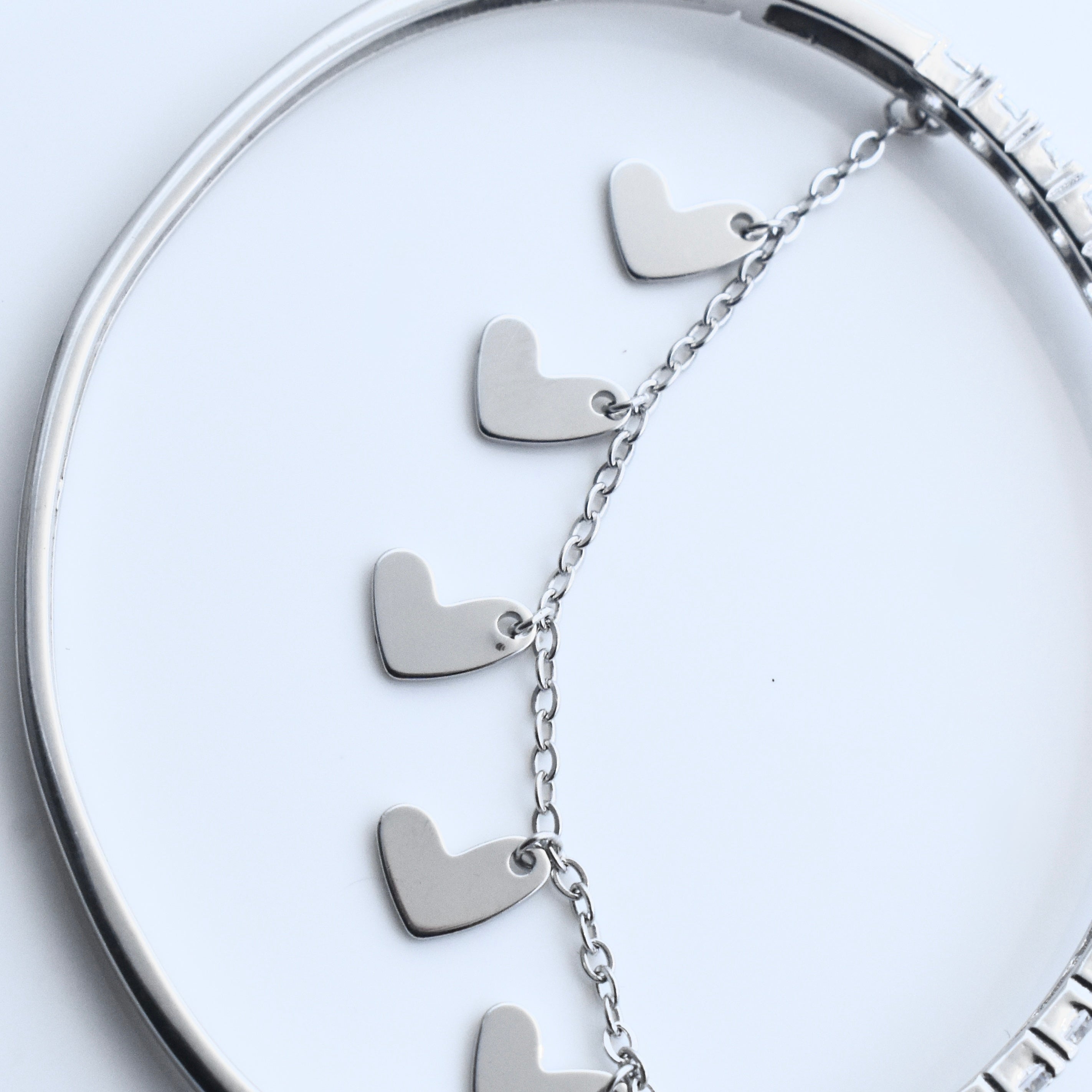 Heart Charm Half-Tennis Sterling Silver Bracelet