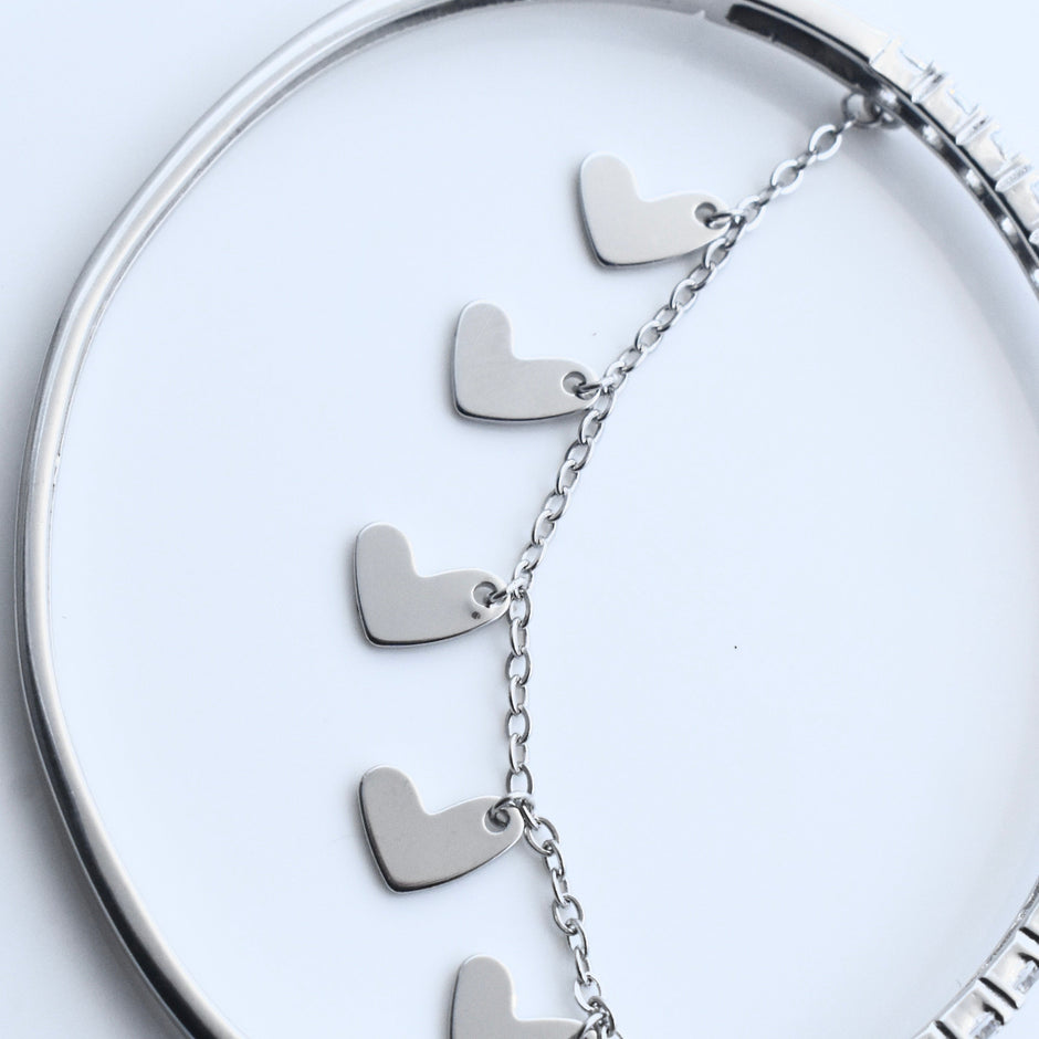 Heart Charm Half-Tennis Sterling Silver Bracelet