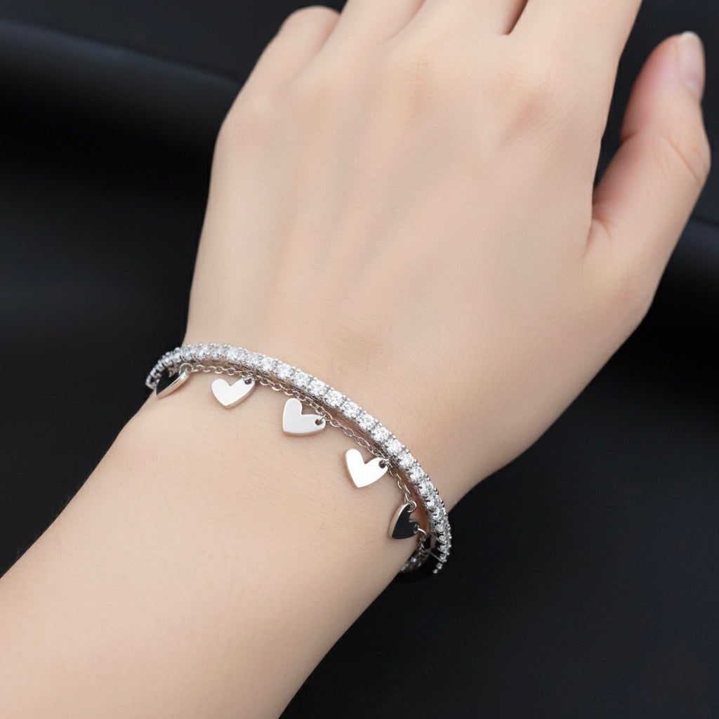 Heart Charm Half-Tennis Sterling Silver Bracelet