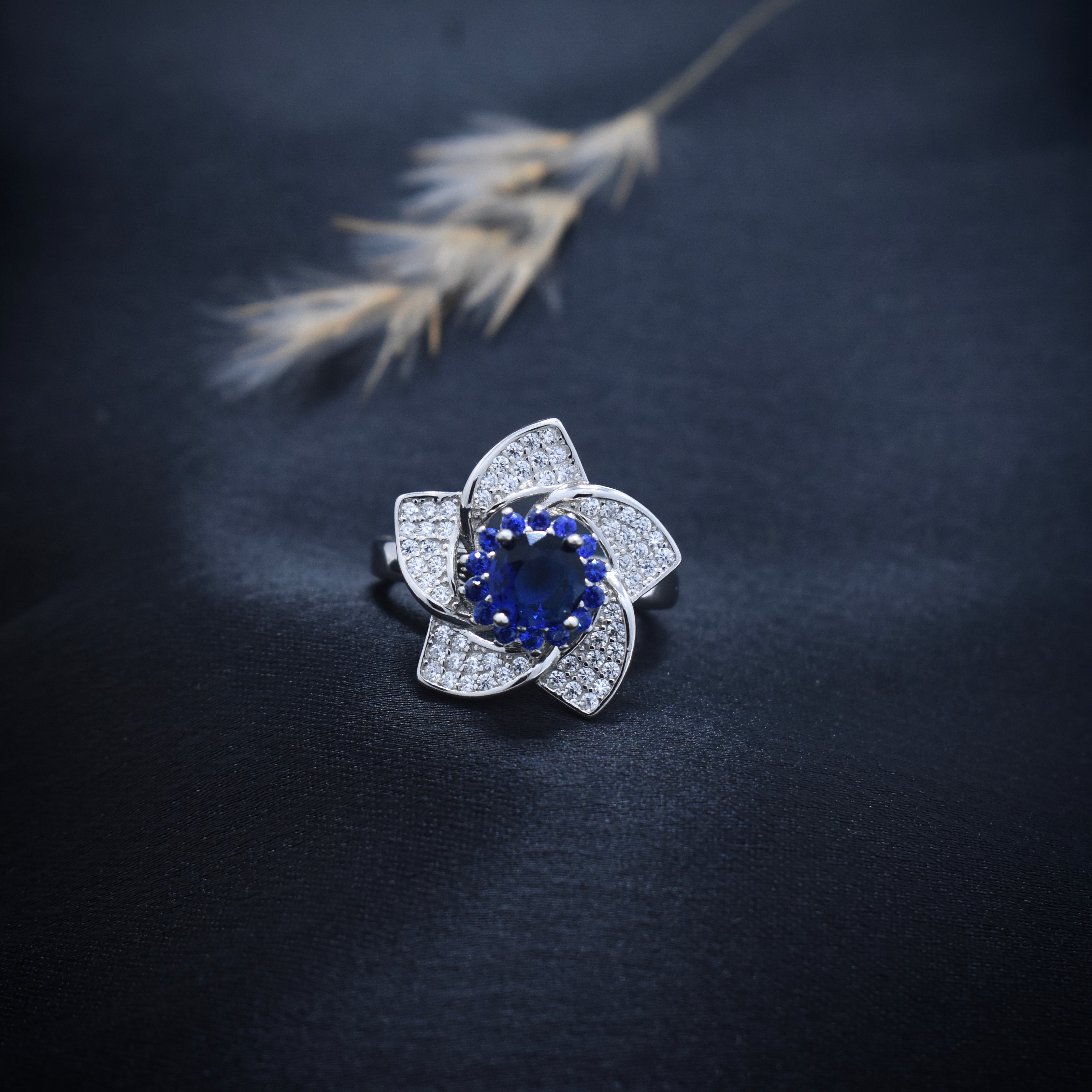 Blue Stone Rotating Floral Statement Ring