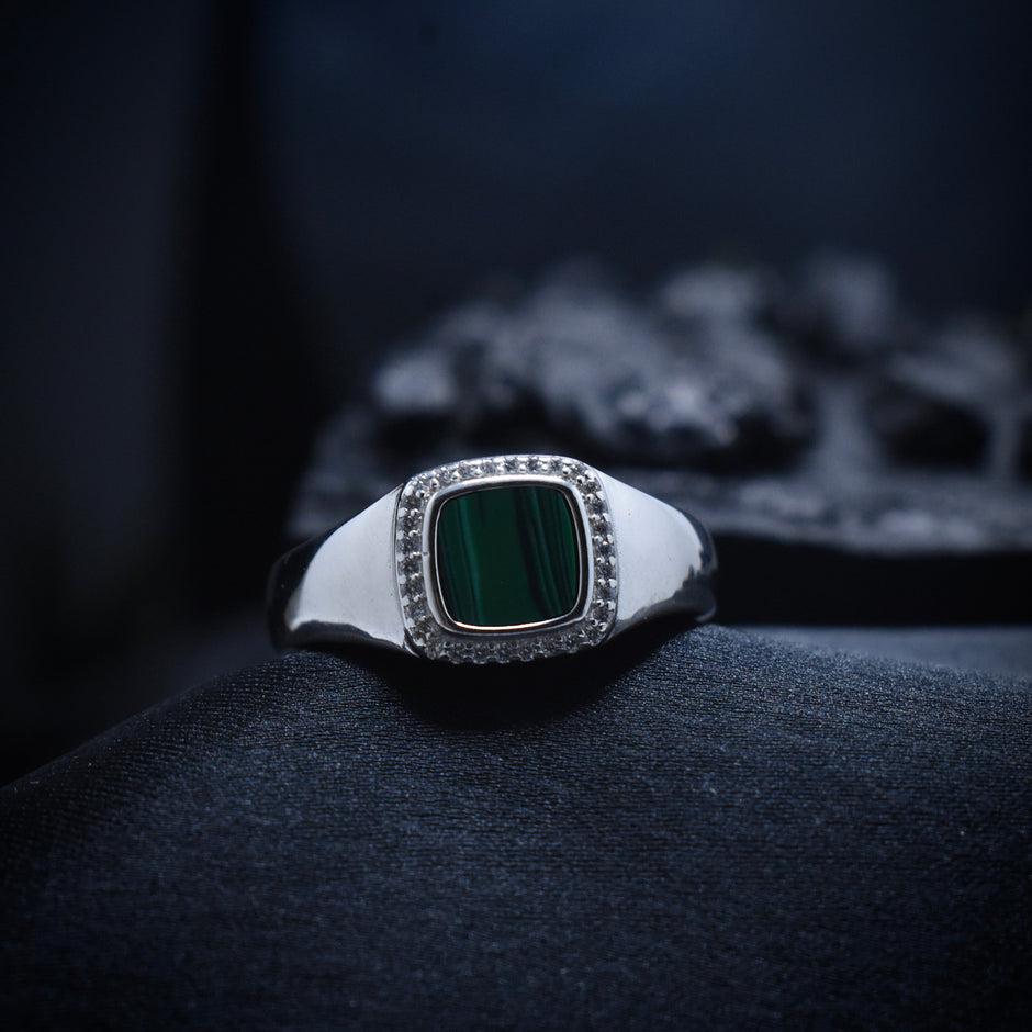 Malachite Solitaire Pave Halo Silver Ring