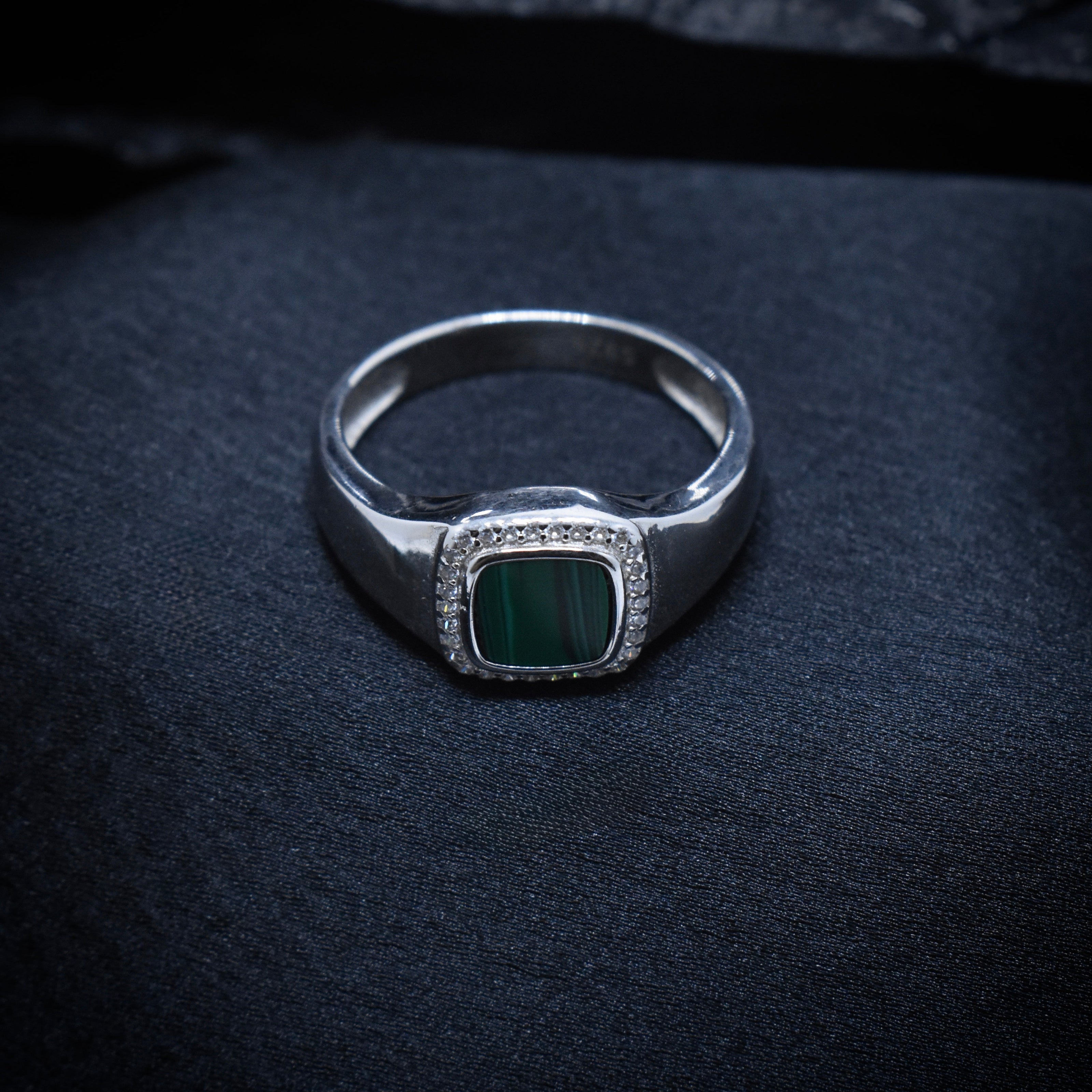 Malachite Solitaire Pave Halo Silver Ring
