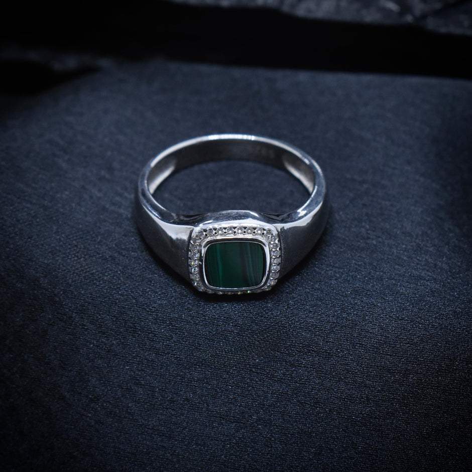 Malachite Solitaire Pave Halo Silver Ring