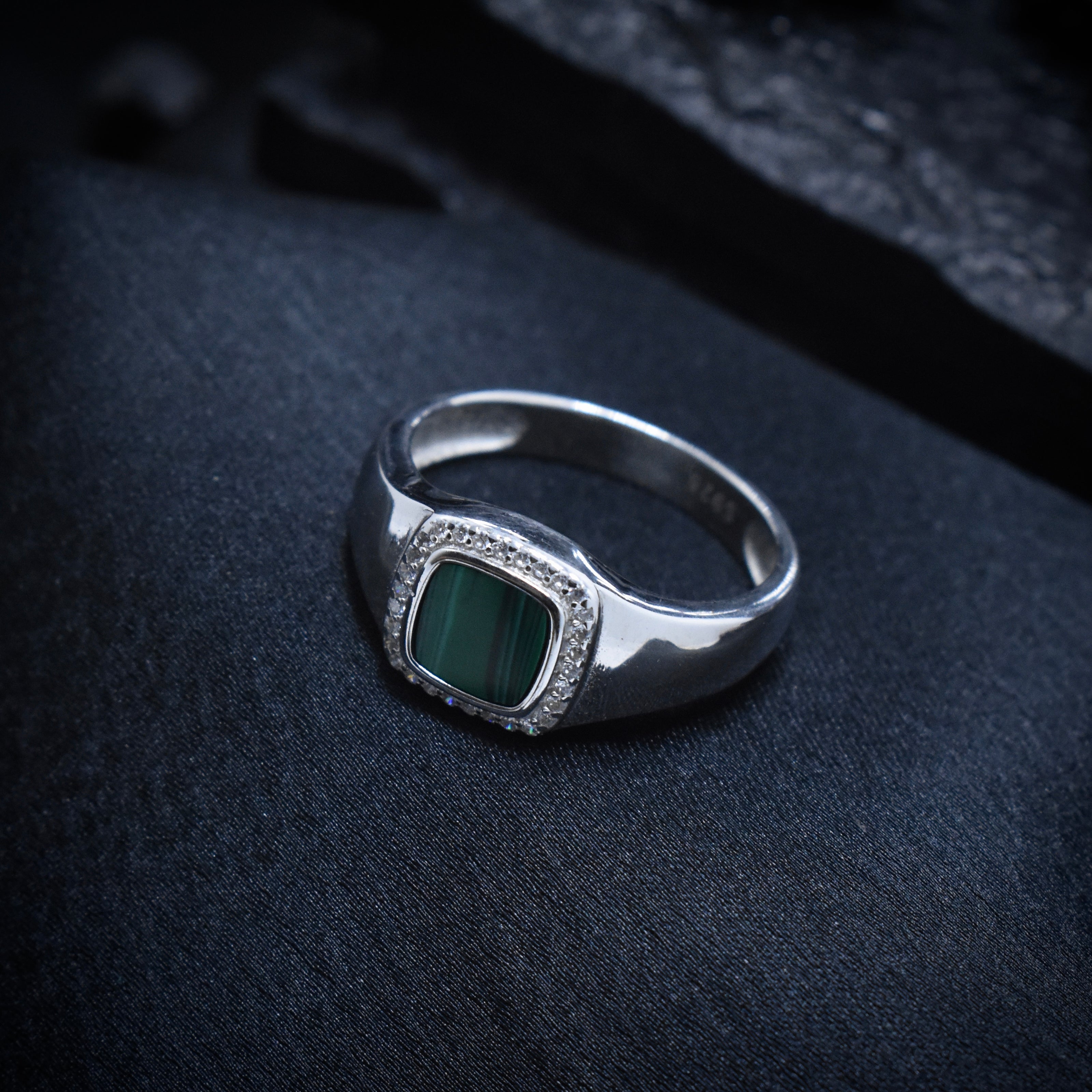 Cushion-Cut Malachite Halo Signet Ring