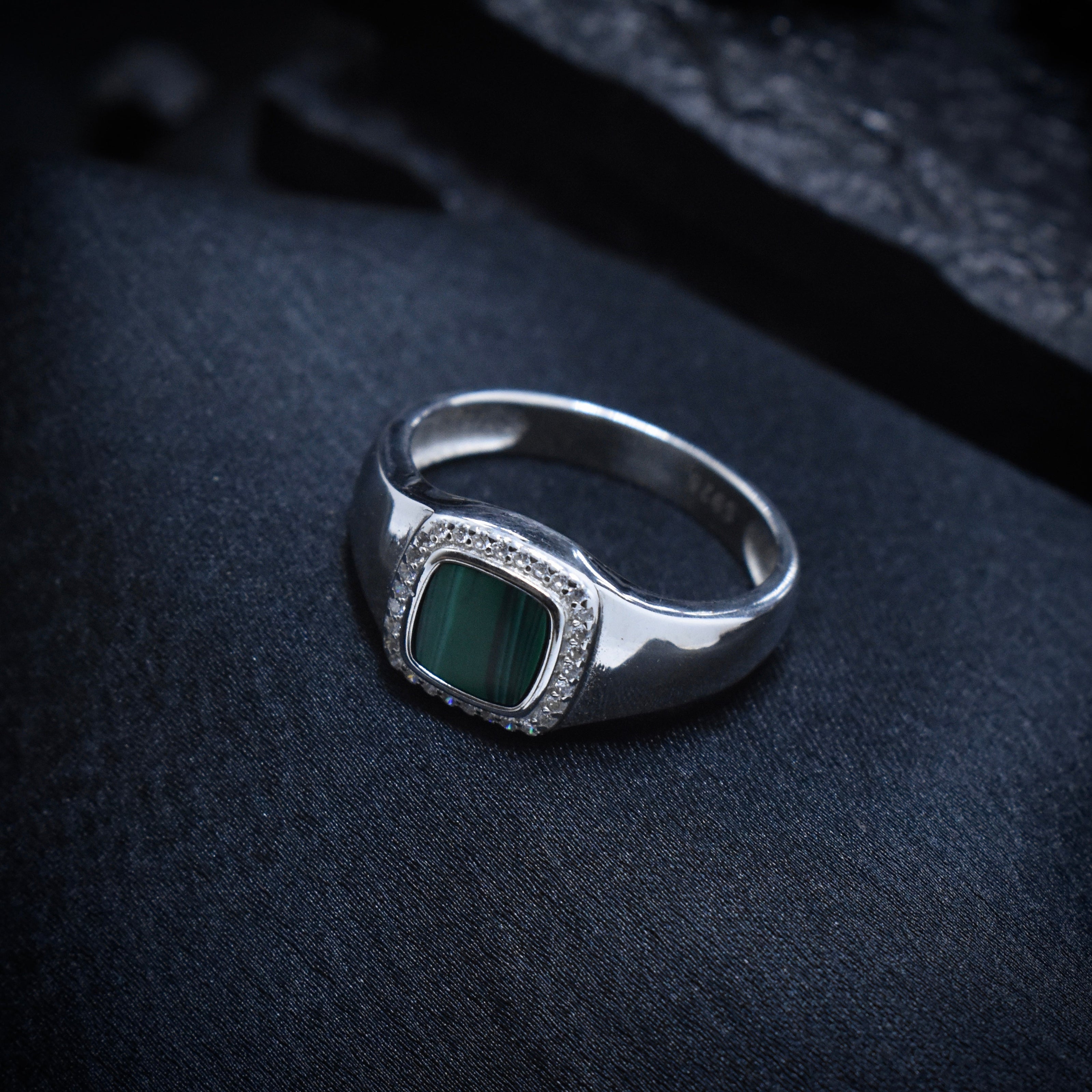 Malachite Solitaire Pave Halo Silver Ring