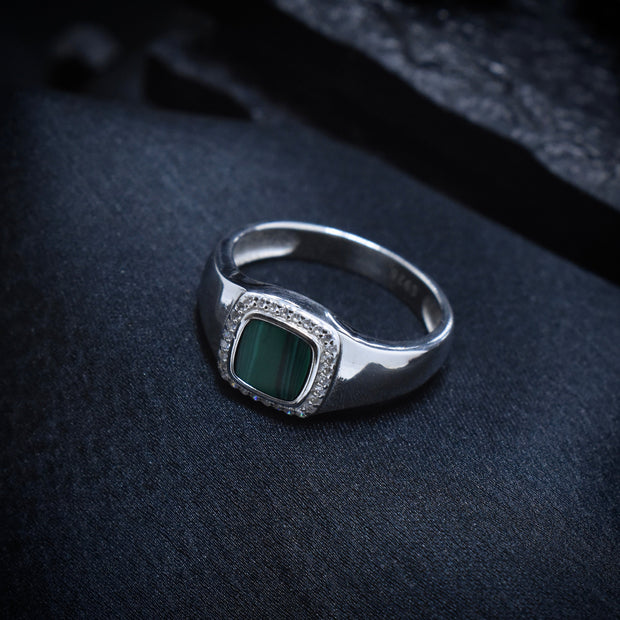 Malachite Solitaire Pave Halo Silver Ring