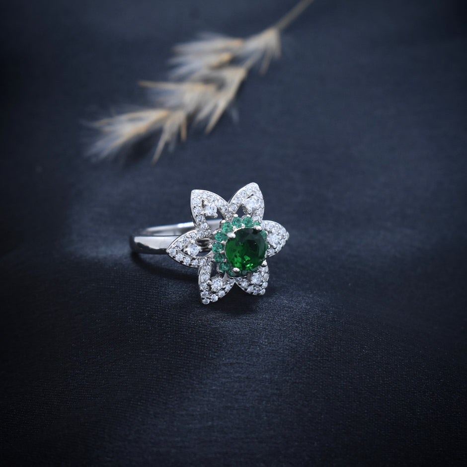 Silver Emerald Bloom Ring
