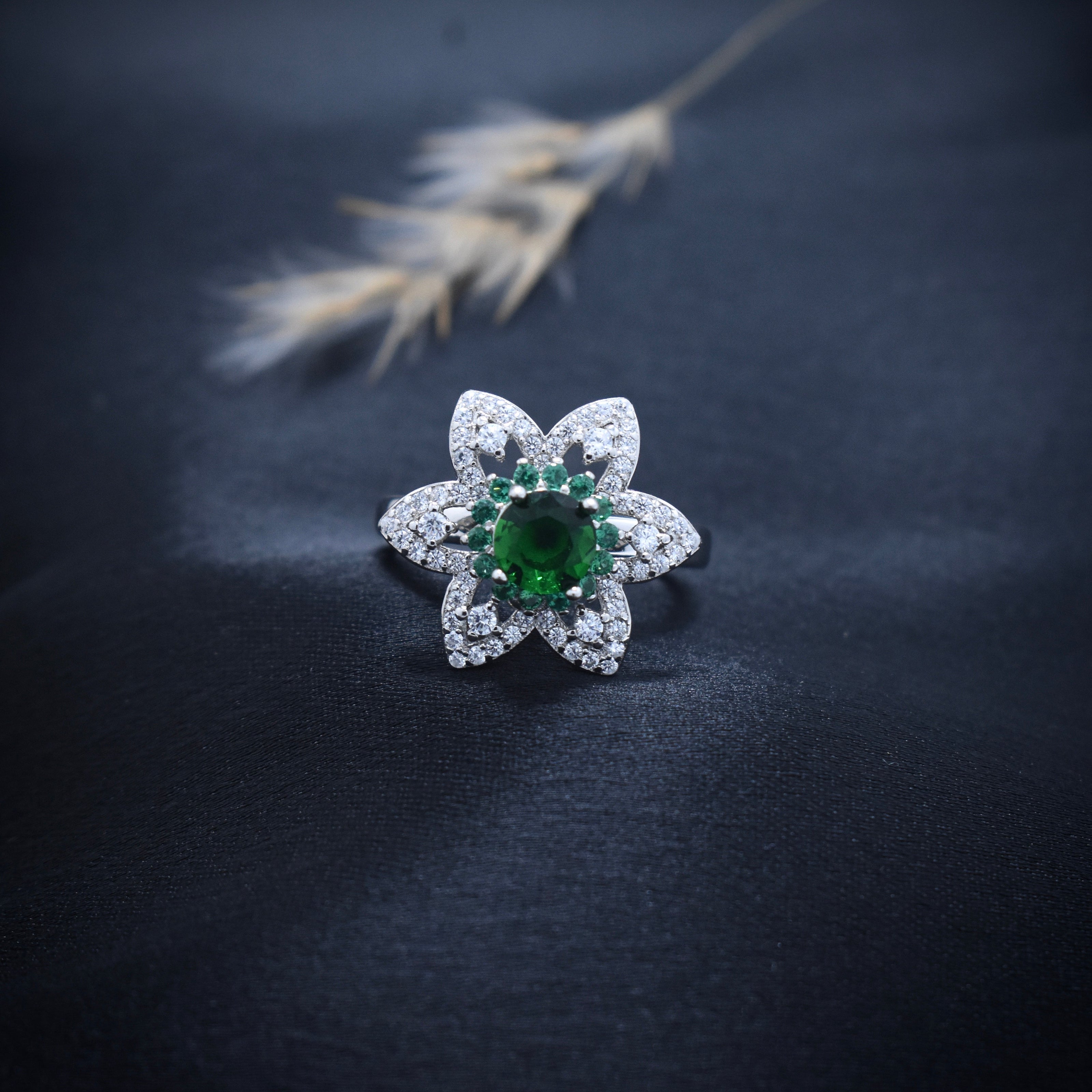 Silver Emerald Bloom Ring