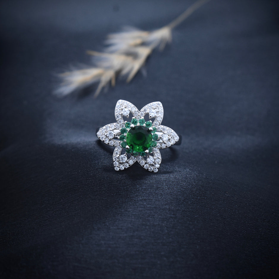 Silver Emerald Bloom Ring