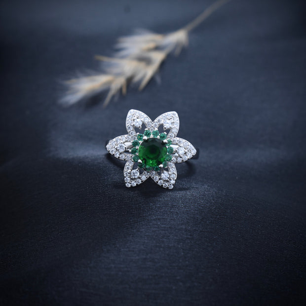 Silver Emerald Bloom Ring