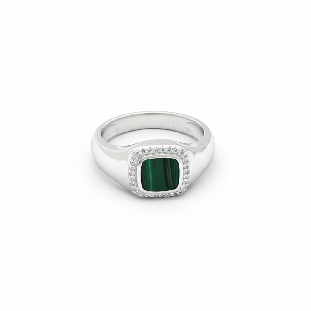 Cushion-Cut Malachite Halo Signet Ring