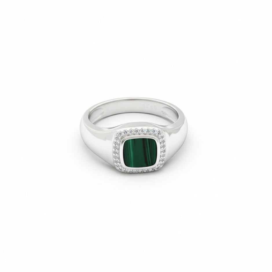 Cushion-Cut Malachite Halo Signet Ring