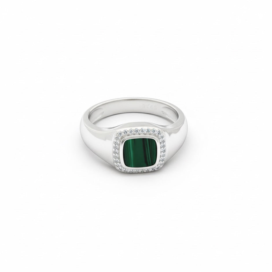Malachite Solitaire Pave Halo Silver Ring