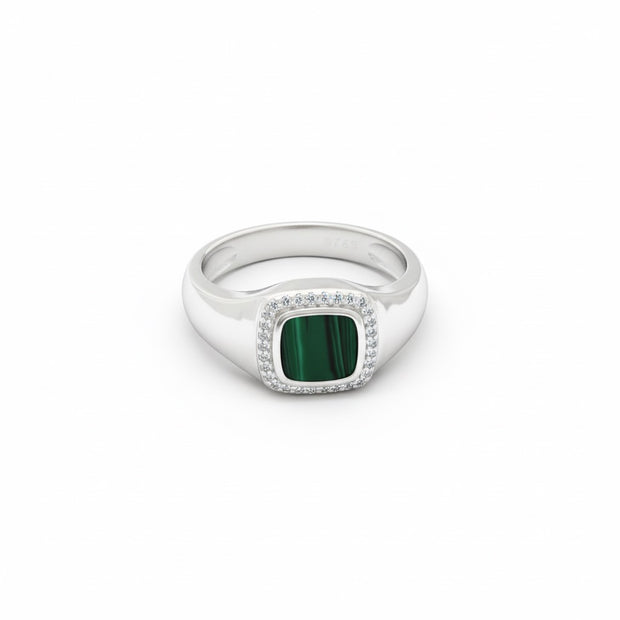 Cushion-Cut Malachite Halo Signet Ring