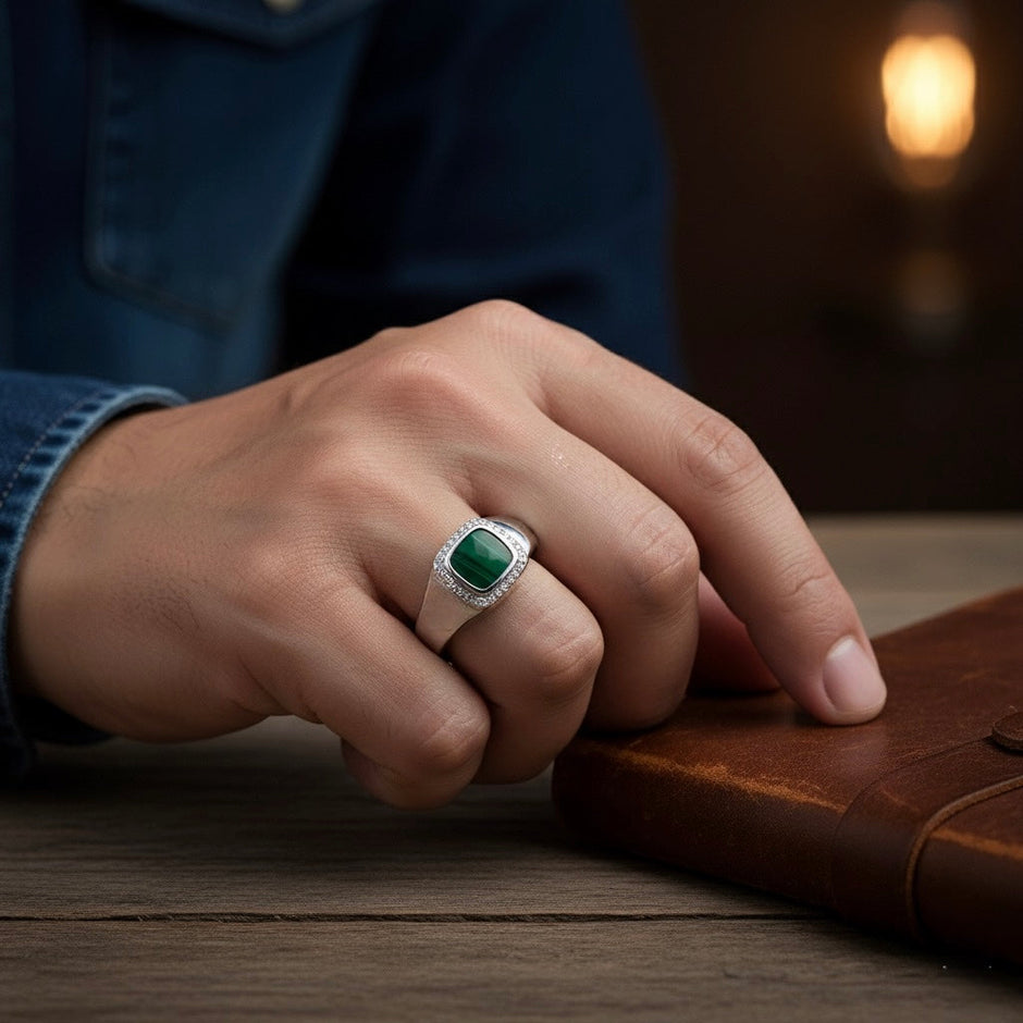 Malachite Solitaire Pave Halo Silver Ring