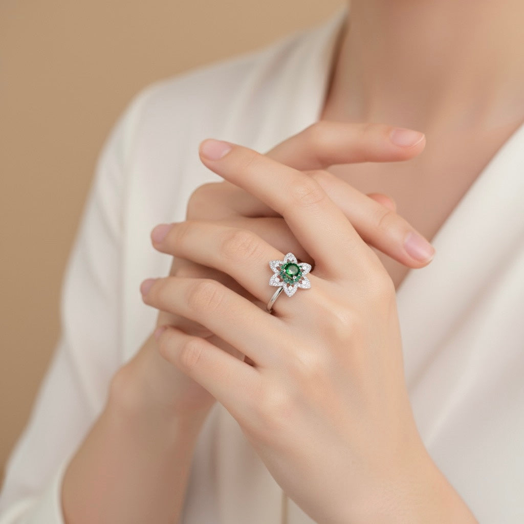 Green Stone Rotating Floral Ring