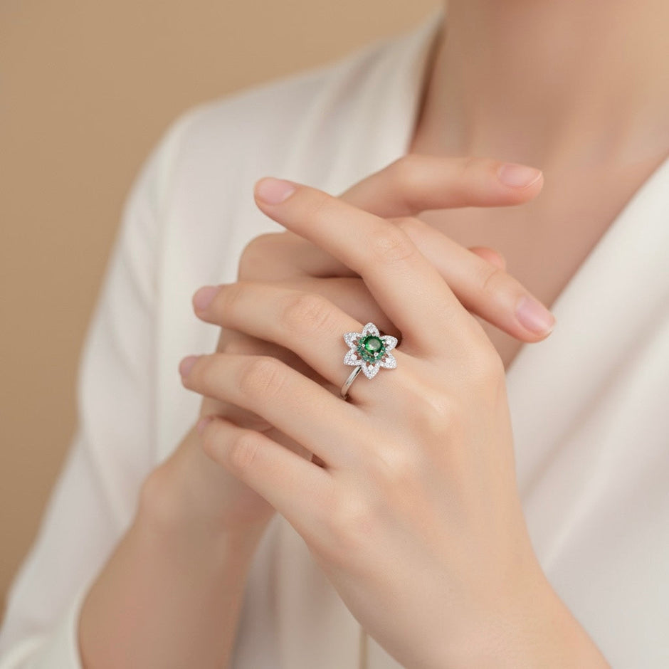 Silver Emerald Bloom Ring