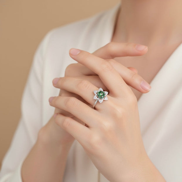 Silver Emerald Bloom Ring