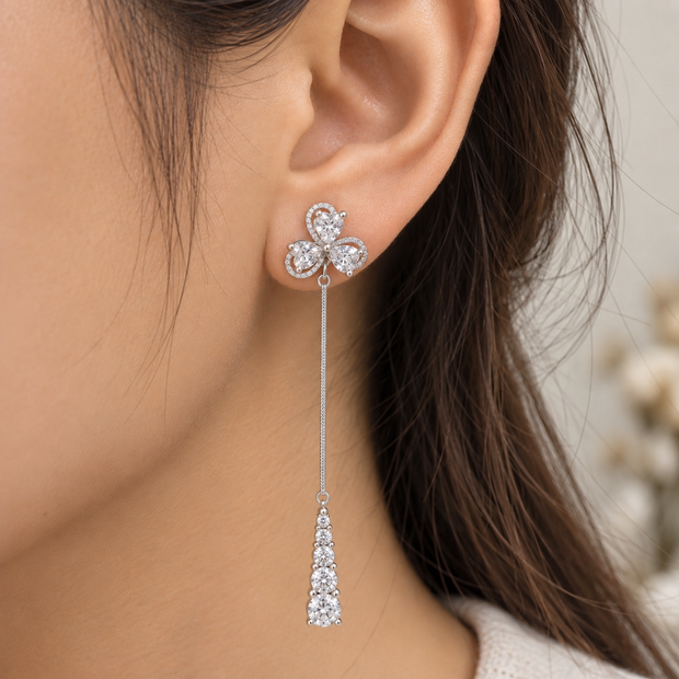Triple Heart Floral Long Drop Dangle Earrings