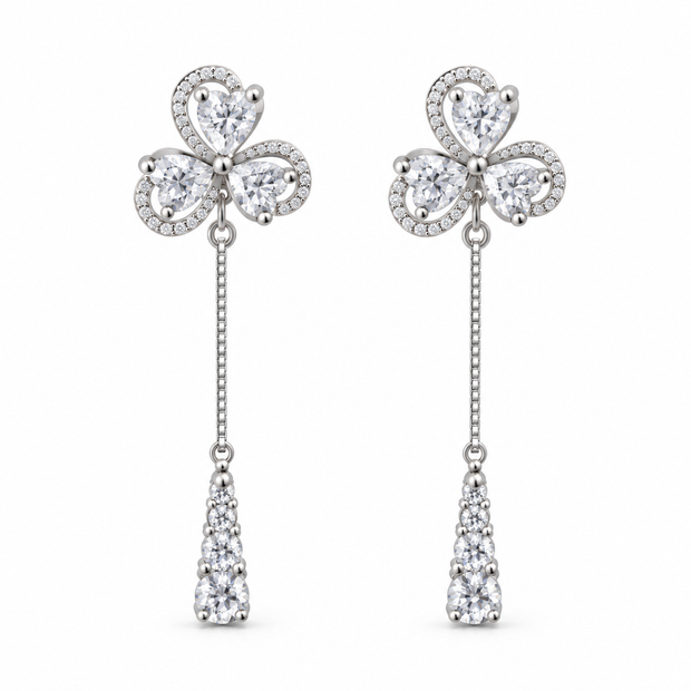 Triple Heart Floral Long Drop Dangle Earrings