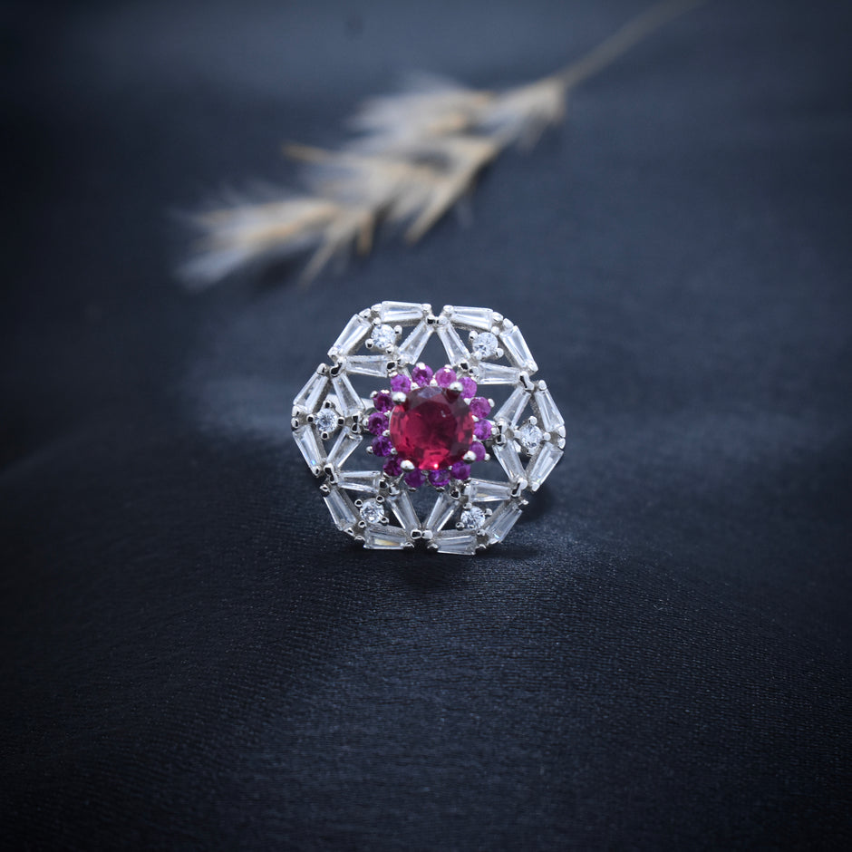 Ruby Pink Stone Rotating Geometric Halo Ring