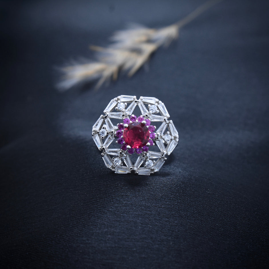 Silver Crimson Cluster Ring