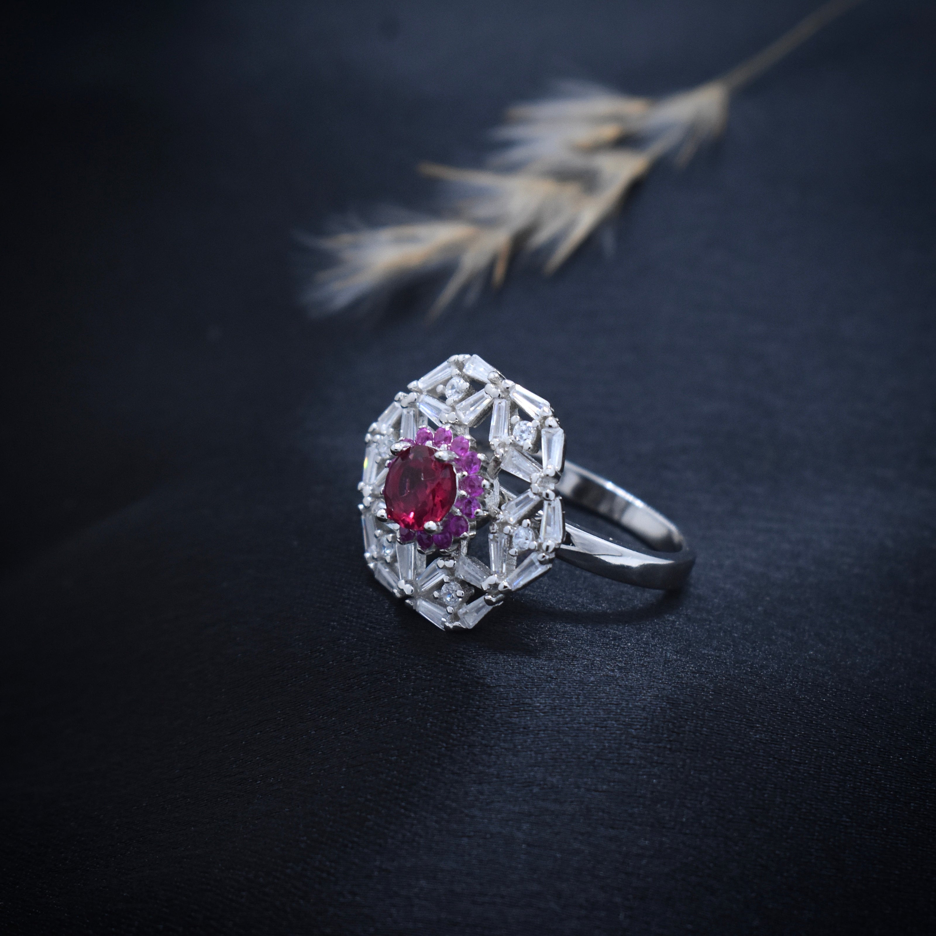 Silver Crimson Cluster Ring